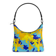 Load image into Gallery viewer, Yellow Blue Neon Camouflage Square Hobo Bag by The Photo Access