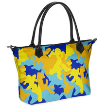 Load image into Gallery viewer, Yellow Blue Neon Camouflage Zip Top Handbags by The Photo Access