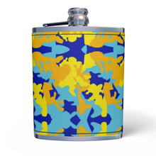 将图片加载到图库查看器,Yellow Blue Neon Camouflage Leather Wrapped Hip Flask by The Photo Access