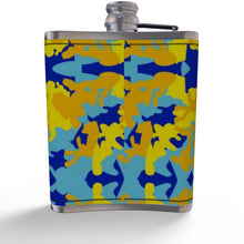 将图片加载到图库查看器,Yellow Blue Neon Camouflage Leather Wrapped Hip Flask by The Photo Access