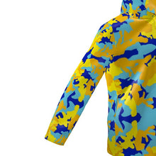 将图片加载到图库查看器,Yellow Blue Neon Camouflage Womens Hooded Rain Mac by The Photo Access
