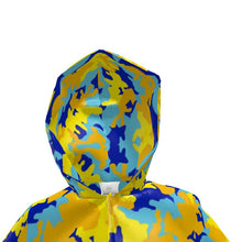 将图片加载到图库查看器,Yellow Blue Neon Camouflage Womens Hooded Rain Mac by The Photo Access