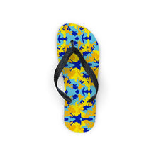 Load image into Gallery viewer, Yellow Blue Neon Camouflage Flip Flops by The Photo Access