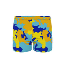 Load image into Gallery viewer, Yellow Blue Neon Camouflage Swimming Trunks by The Photo Access