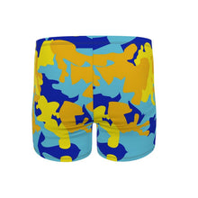 Load image into Gallery viewer, Yellow Blue Neon Camouflage Swimming Trunks by The Photo Access