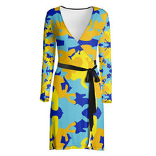 Load image into Gallery viewer, Yellow Blue Neon Camouflage Wrap Dress by The Photo Access