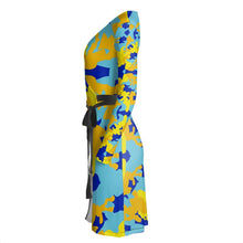 Load image into Gallery viewer, Yellow Blue Neon Camouflage Wrap Dress by The Photo Access