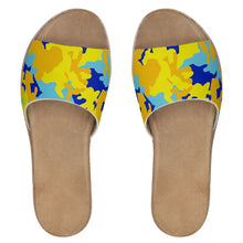 Load image into Gallery viewer, Yellow Blue Neon Camouflage Womens Leather Sliders by The Photo Access