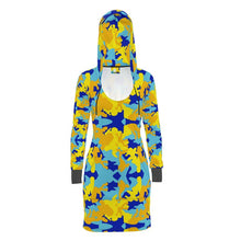 Load image into Gallery viewer, Yellow Blue Neon Camouflage Hoody Dress by The Photo Access