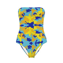 Load image into Gallery viewer, Yellow Blue Neon Camouflage Strapless Swimsuit by The Photo Access