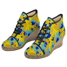 Load image into Gallery viewer, Yellow Blue Neon Camouflage Ladies Wedge Espadrilles by The Photo Access