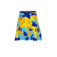 Load image into Gallery viewer, Yellow Blue Neon Camouflage Flared Skirt by The Photo Access