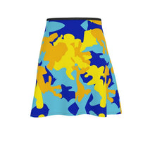 Load image into Gallery viewer, Yellow Blue Neon Camouflage Flared Skirt by The Photo Access