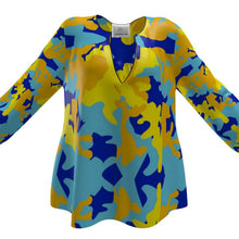 Cargar imagen en el visor de la galería, Yellow Blue Neon Camouflage Womens Blouse by The Photo Access