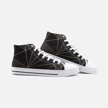 Загрузить изображение в средство просмотра галереи, ABSTRACT BLACK POLYGON WITH GOLD LINE UNISEX HIGH TOP CANVAS SHOES BY THE PHOTO ACCESS