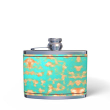 Load image into Gallery viewer, Aqua & Gold Modern Artistic Digital Pattern Leather Wrapped Hip Flask by The Photo Access