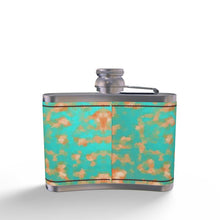 Load image into Gallery viewer, Aqua & Gold Modern Artistic Digital Pattern Leather Wrapped Hip Flask by The Photo Access