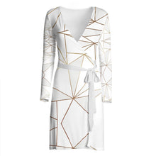 Load image into Gallery viewer, Abstract White Polygon with Gold Line Wrap Dress by The Photo Access