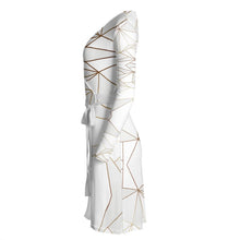 Load image into Gallery viewer, Abstract White Polygon with Gold Line Wrap Dress by The Photo Access