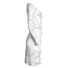 Load image into Gallery viewer, Abstract White Polygon with Gold Line Wrap Dress by The Photo Access