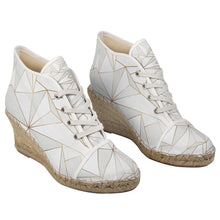 Cargar imagen en el visor de la galería, Abstract White Polygon with Gold Line Ladies Wedge Espadrilles by The Photo Access