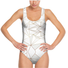 Load image into Gallery viewer, Abstract White Polygon with Gold Line Swimsuit by The Photo Access