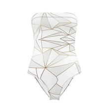 Load image into Gallery viewer, Abstract White Polygon with Gold Line Strapless Swimsuit by The Photo Access
