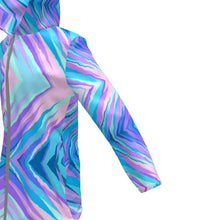 Load image into Gallery viewer, Blue Pink Abstract Eighties Womens Hooded Rain Mac by The Photo Access