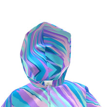 Load image into Gallery viewer, Blue Pink Abstract Eighties Womens Hooded Rain Mac by The Photo Access