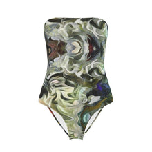 Load image into Gallery viewer, Abstract Fluid Lines of Movement Muted Tones High Fashion Strapless Swimsuit by The Photo Access