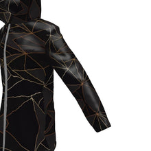 Load image into Gallery viewer, Abstract Black Polygon with Gold Line Womens Hooded Rain Mac by The Photo Access