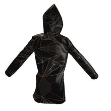 Load image into Gallery viewer, Abstract Black Polygon with Gold Line Womens Hooded Rain Mac by The Photo Access