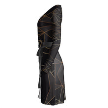 Load image into Gallery viewer, Abstract Black Polygon with Gold Line Wrap Dress by The Photo Access