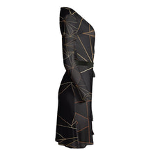 Load image into Gallery viewer, Abstract Black Polygon with Gold Line Wrap Dress by The Photo Access
