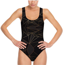 Load image into Gallery viewer, Abstract Black Polygon with Gold Line Swimsuit by The Photo Access