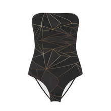 Load image into Gallery viewer, Abstract Black Polygon with Gold Line Strapless Swimsuit by The Photo Access