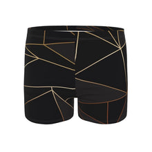 Load image into Gallery viewer, Abstract Black Polygon with Gold Line Swimming Trunks by The Photo Access