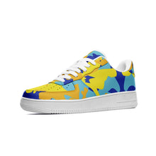 Load image into Gallery viewer, Yellow Blue Neon Camouflage Unisex Low Top Leather Sneakers by The Photo Access
