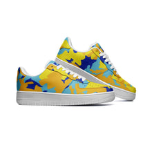 Load image into Gallery viewer, Yellow Blue Neon Camouflage Unisex Low Top Leather Sneakers by The Photo Access
