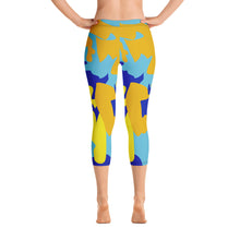 Load image into Gallery viewer, Yellow Blue Neon Camouflage Capri Leggings by The Photo Access