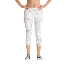 Load image into Gallery viewer, Abstract White Polygon with Gold Line Capri Leggings by The Photo Access