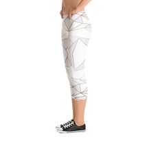 Load image into Gallery viewer, Abstract White Polygon with Gold Line Capri Leggings by The Photo Access
