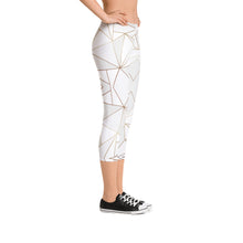 Load image into Gallery viewer, Abstract White Polygon with Gold Line Capri Leggings by The Photo Access