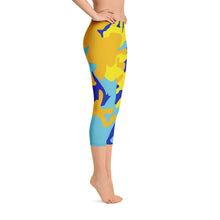 Load image into Gallery viewer, Yellow Blue Neon Camouflage Capri Leggings by The Photo Access