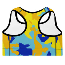 Load image into Gallery viewer, Yellow Blue Neon Camouflage Padded Sports Bra by The Photo Access