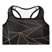 Load image into Gallery viewer, Abstract Black Polygon with Gold Line Padded Sports Bra by The Photo Access