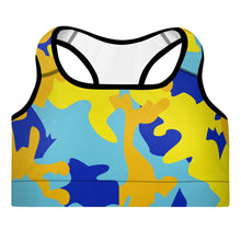 Load image into Gallery viewer, Yellow Blue Neon Camouflage Padded Sports Bra by The Photo Access