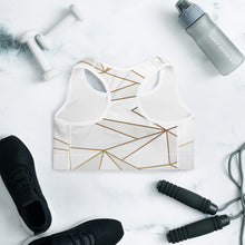 Load image into Gallery viewer, Abstract White Polygon with Gold Line Padded Sports Bra by The Photo Access