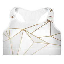 Load image into Gallery viewer, Abstract White Polygon with Gold Line Padded Sports Bra by The Photo Access