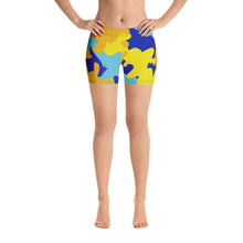 Load image into Gallery viewer, Yellow Blue Neon Camouflage Spandex Shorts by The Photo Access